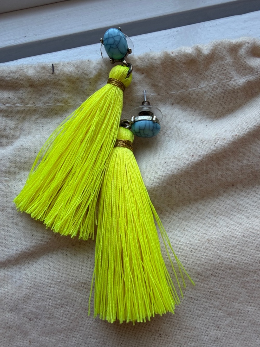 Neon Yellow Tassel Drop Earrings with Turquoise Stone